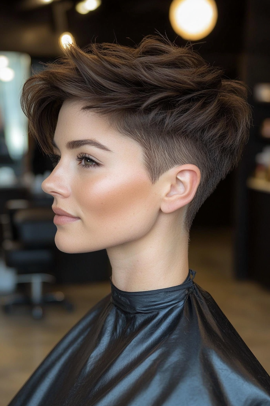 25. Structured Espresso Brown Pixie Fade (Undercut Pixie Hairstyles) - Undercut Pixie Hairstyles