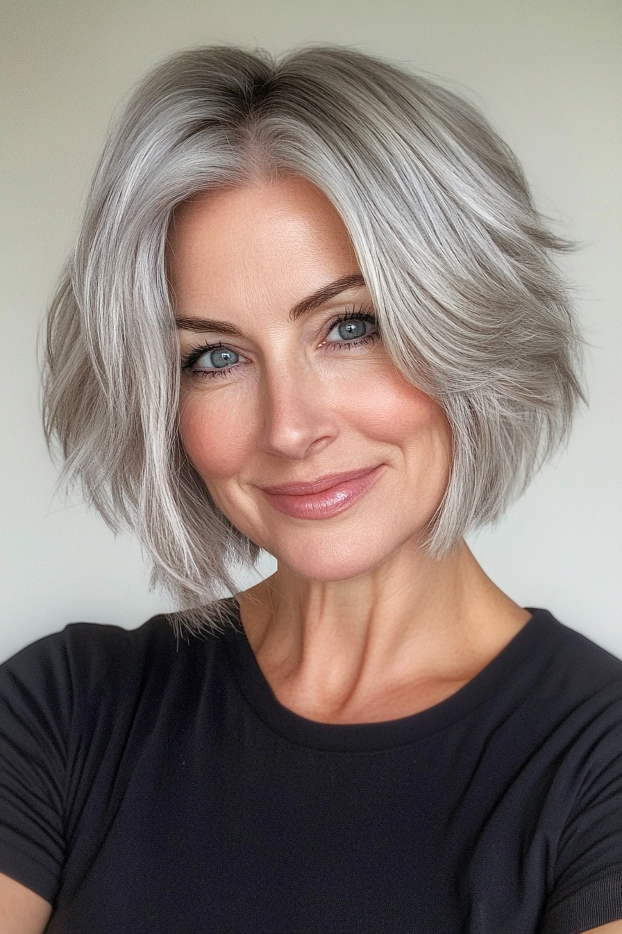 5. Voluminous Layered Bob – Soft Gray (Short Layered Haircuts For Women Over 50) - Short Layered Haircuts For Women Over 50