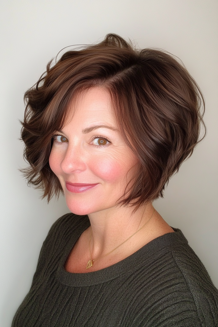 6. Wavy Stacked Bob – Deep Mahogany (Short Layered Haircuts For Women Over 50) - Short Layered Haircuts For Women Over 50