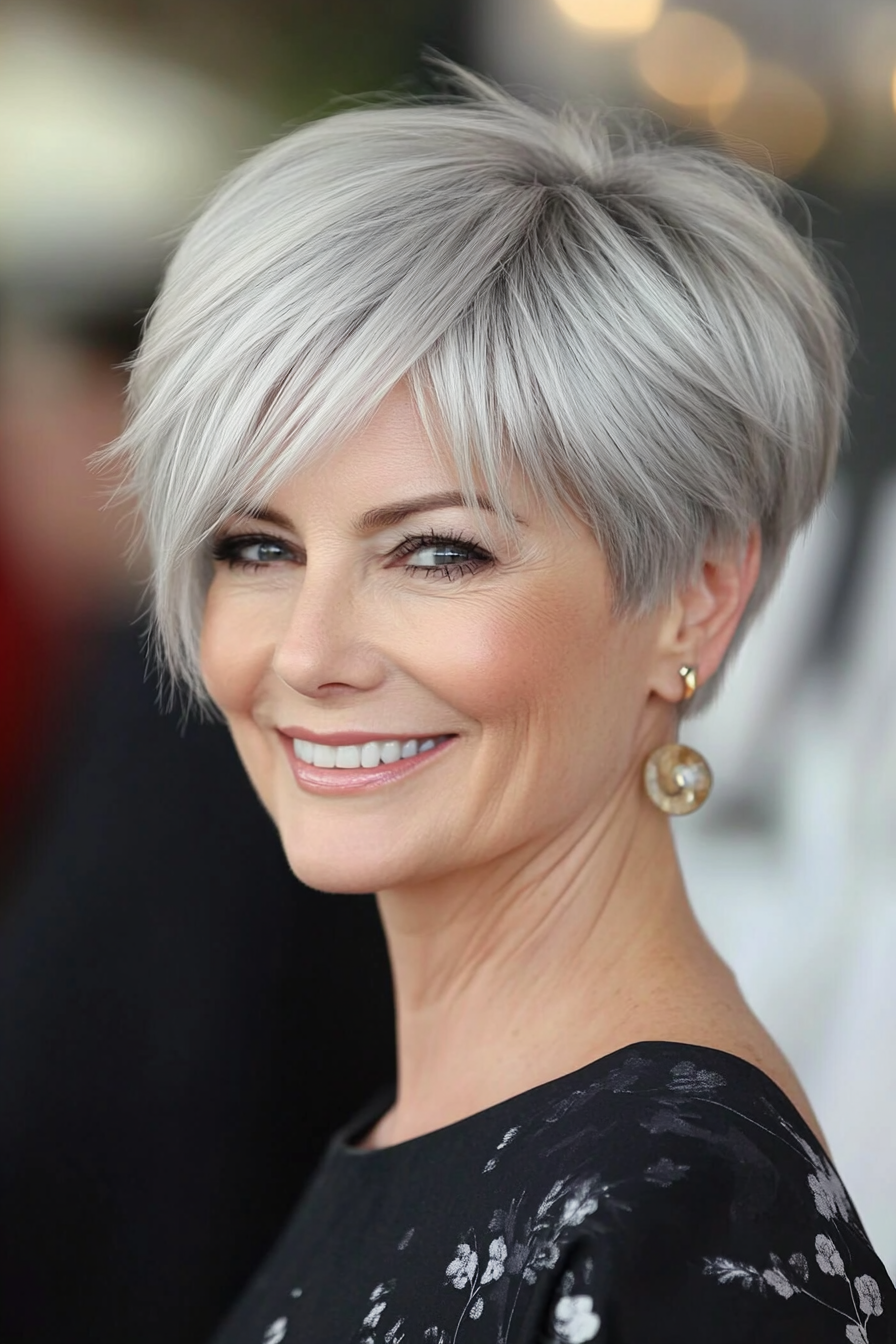 8. Pixie with Side-Swept Bangs – Natural Silver (Short Layered Haircuts For Women Over 50) - Short Layered Haircuts For Women Over 50