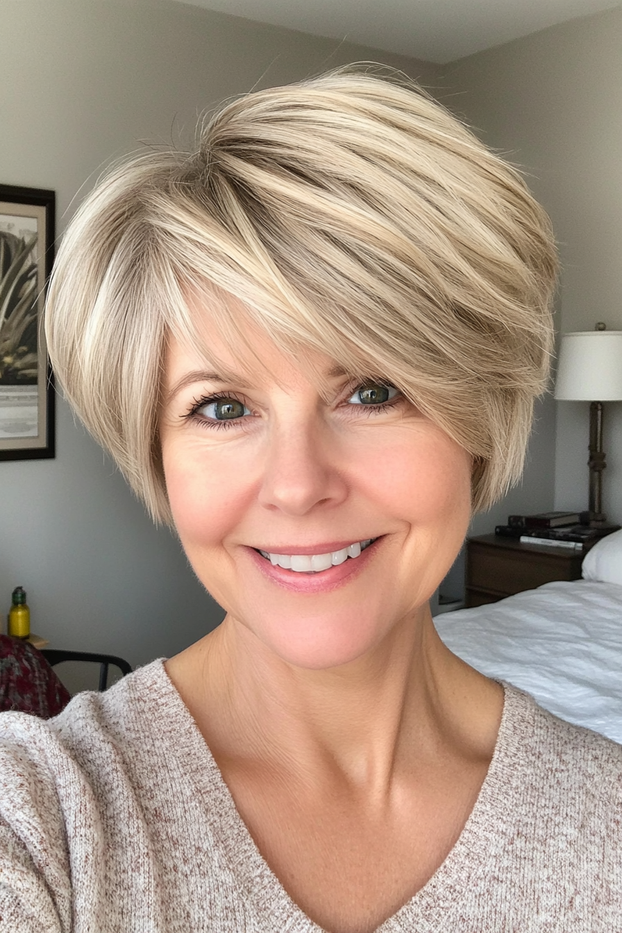 13. Face-Framing Short Shag – Sandy Blonde (Short Layered Haircuts For Women Over 50) - Short Layered Haircuts For Women Over 50