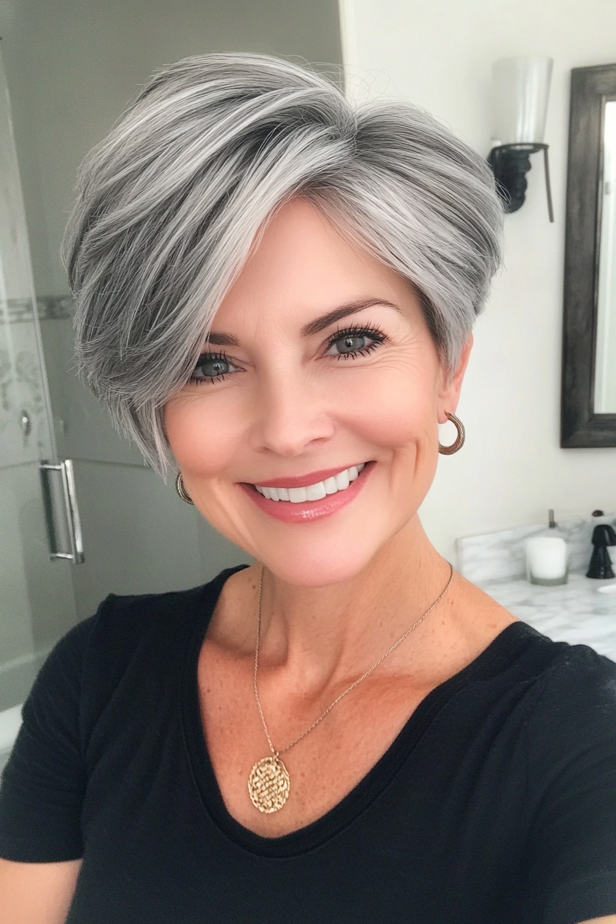 14. Side-Parted Pixie Cut – Soft Charcoal Gray (Short Layered Haircuts For Women Over 50) - Short Layered Haircuts For Women Over 50