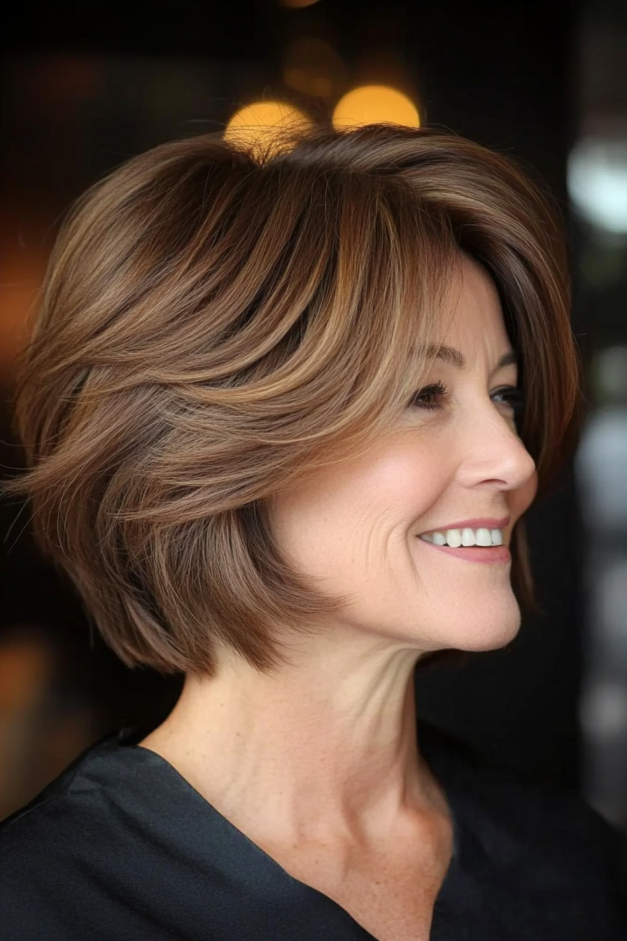 15. Modern Layered Bob – Warm Hazelnut Brown (Short Layered Haircuts For Women Over 50) - Short Layered Haircuts For Women Over 50
