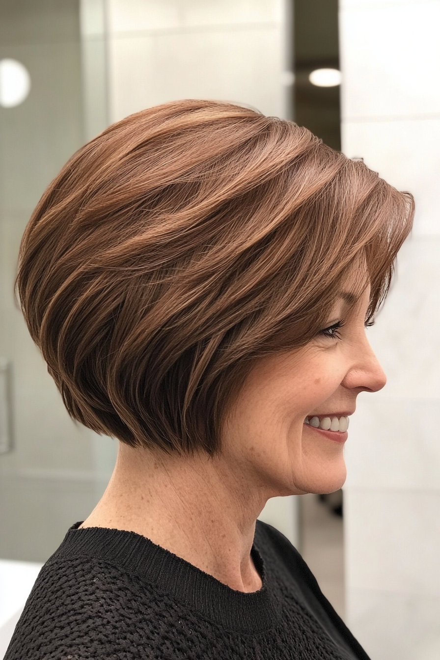 16. Textured French Bob – Rich Chestnut Brown (Short Layered Haircuts For Women Over 50) - Short Layered Haircuts For Women Over 50