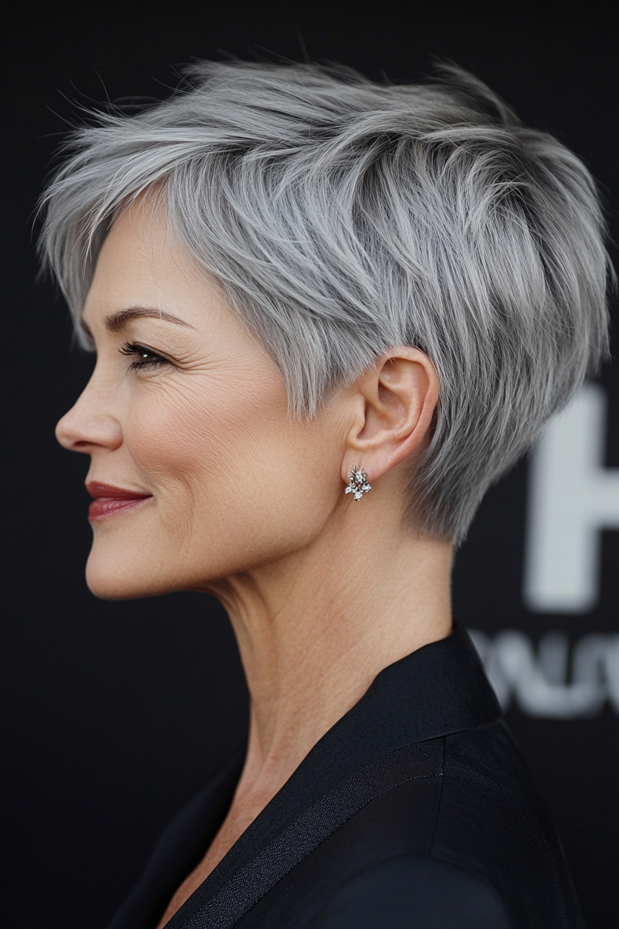 17. Short Tapered Crop – Cool Slate Gray (Short Layered Haircuts For Women Over 50) - Short Layered Haircuts For Women Over 50