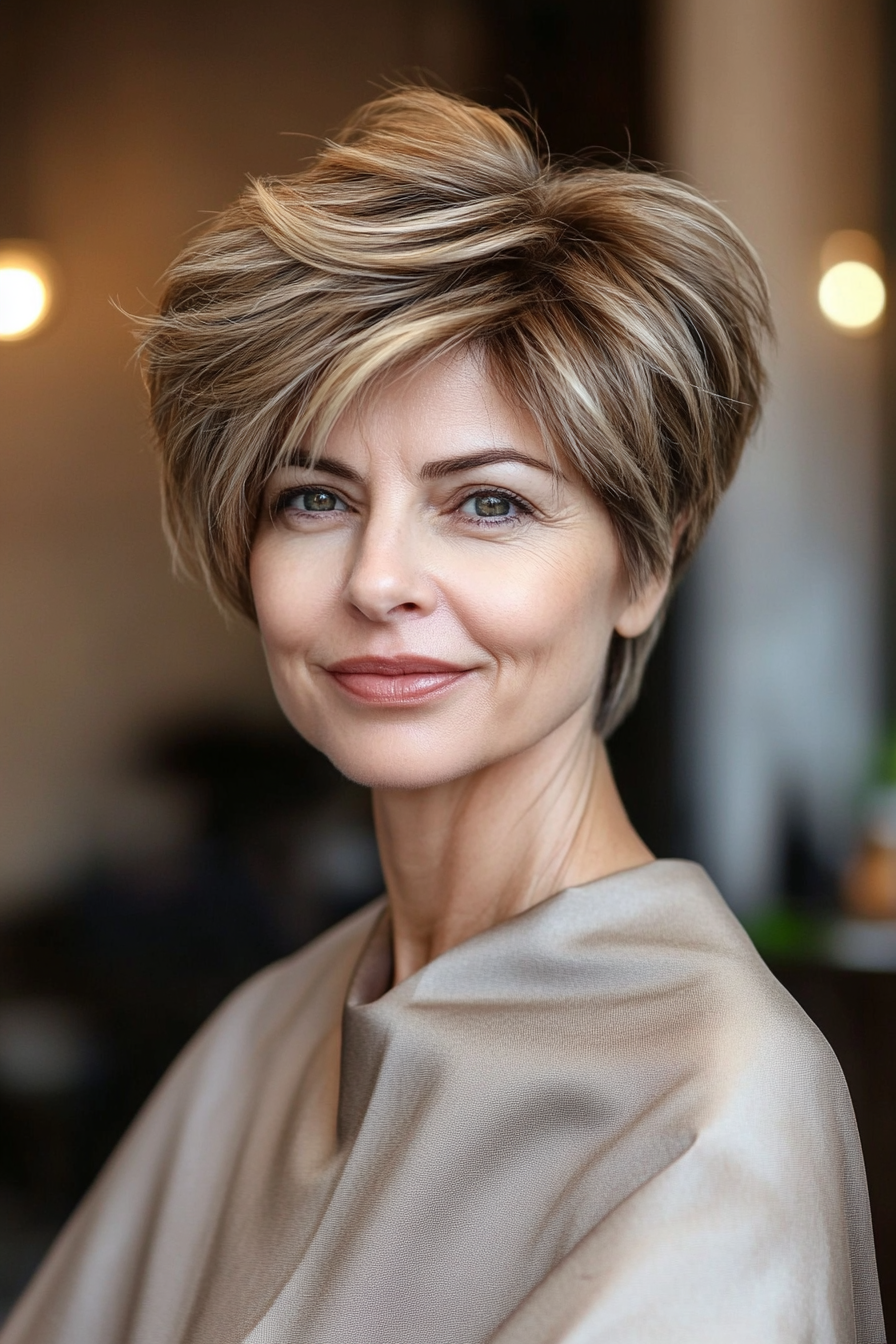 18. Classic Layered Pixie – Soft Golden Brown (Short Layered Haircuts For Women Over 50) - Short Layered Haircuts For Women Over 50