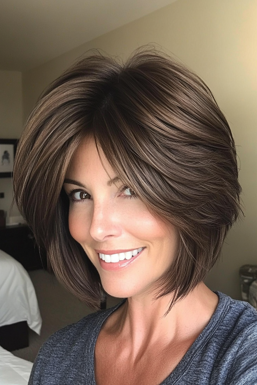 19. Stacked Layered Bob – Deep Chocolate Brown (Short Layered Haircuts For Women Over 50) - Short Layered Haircuts For Women Over 50