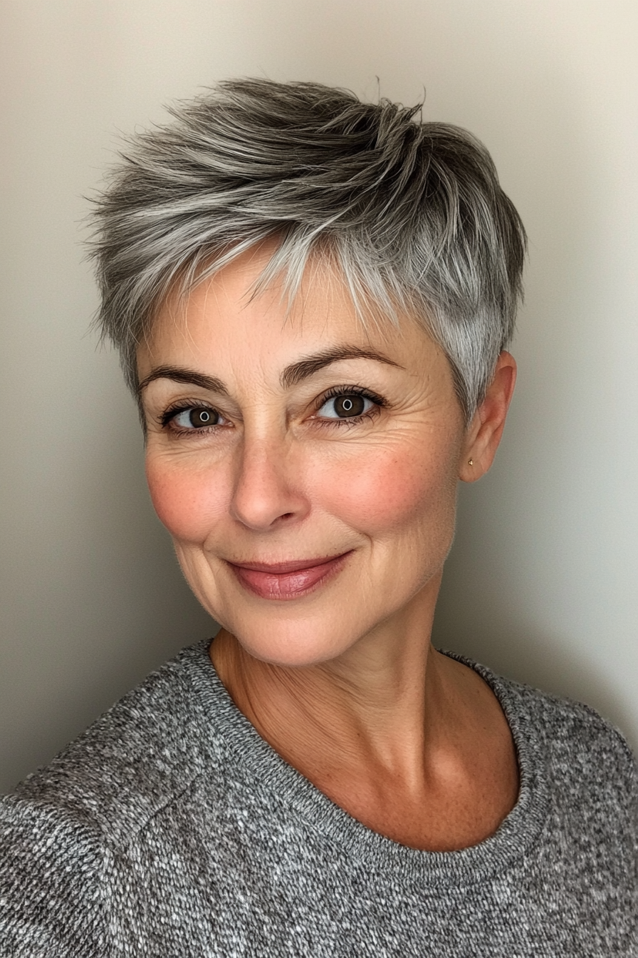 20. Layered Boyish Cut – Natural Salt & Pepper (Short Layered Haircuts For Women Over 50) - Short Layered Haircuts For Women Over 50