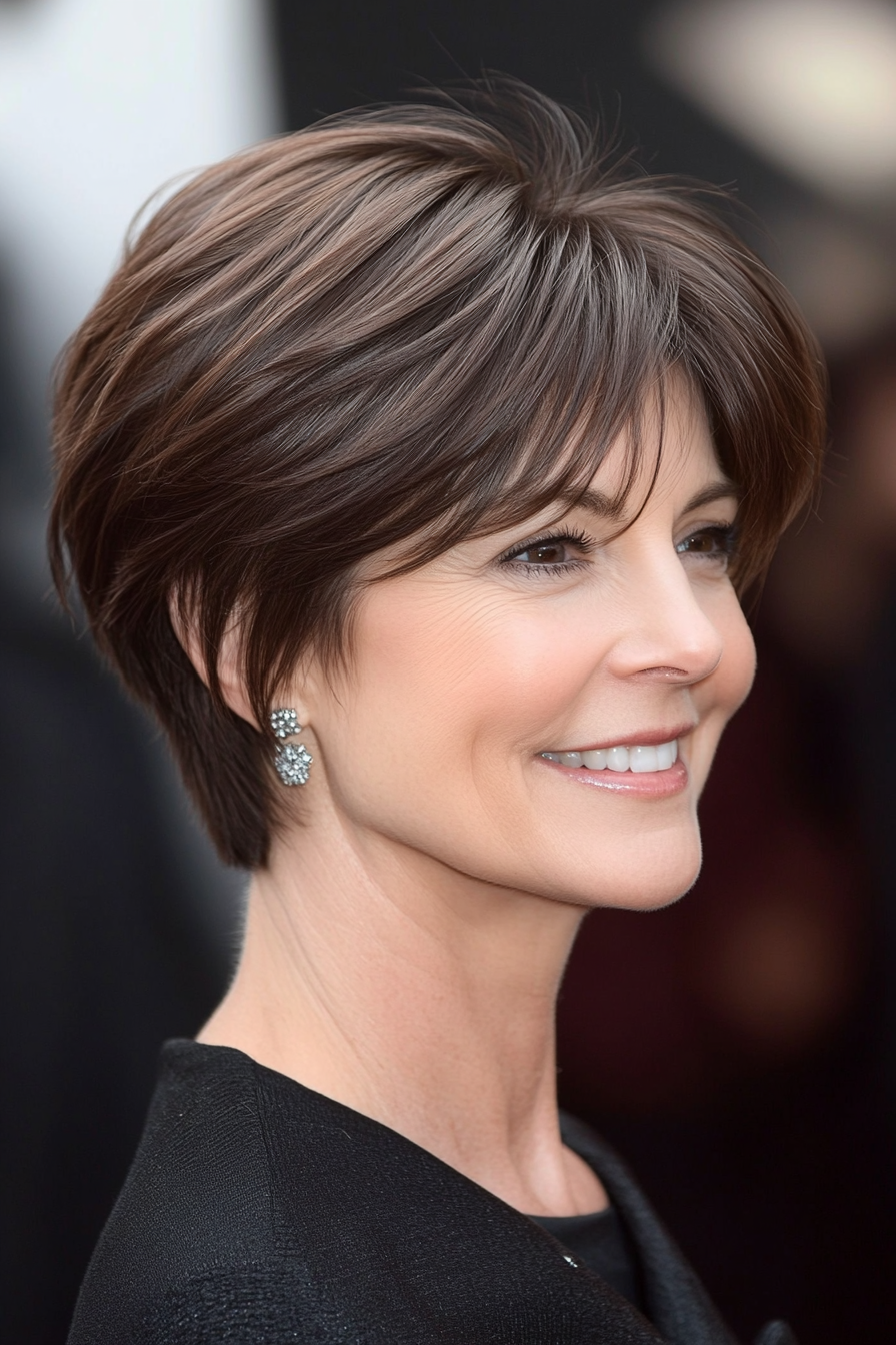 21. Sleek Layered Crop – Dark Mocha Brown (Short Layered Haircuts For Women Over 50) - Short Layered Haircuts For Women Over 50