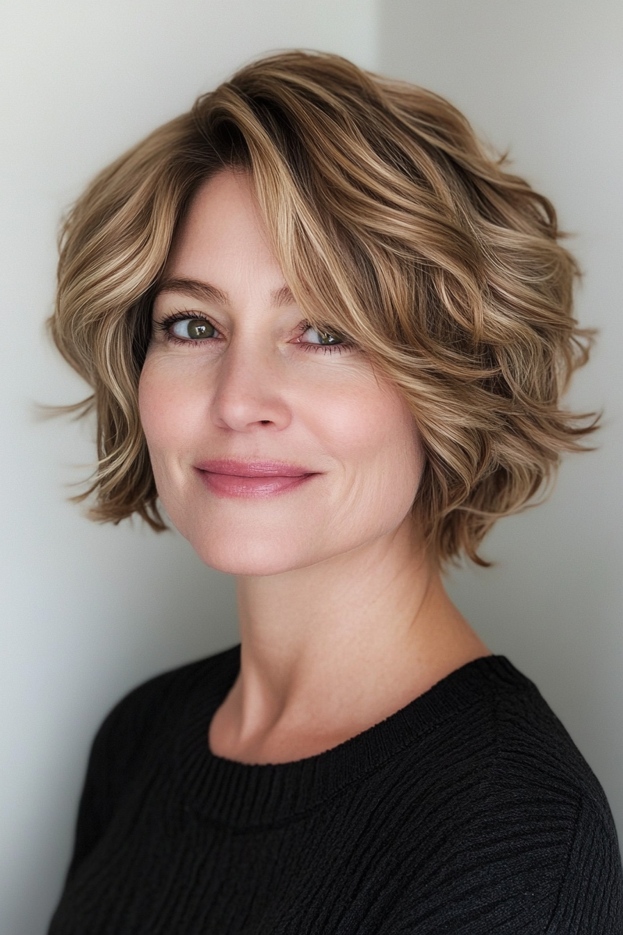 22. Wavy Short Bob – Warm Caramel Blonde (Short Layered Haircuts For Women Over 50) - Short Layered Haircuts For Women Over 50