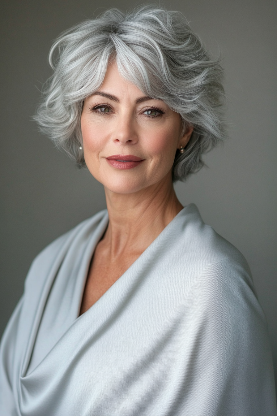 24. Fluffy Layered Bob – Platinum Gray (Short Layered Haircuts For Women Over 50) - Short Layered Haircuts For Women Over 50