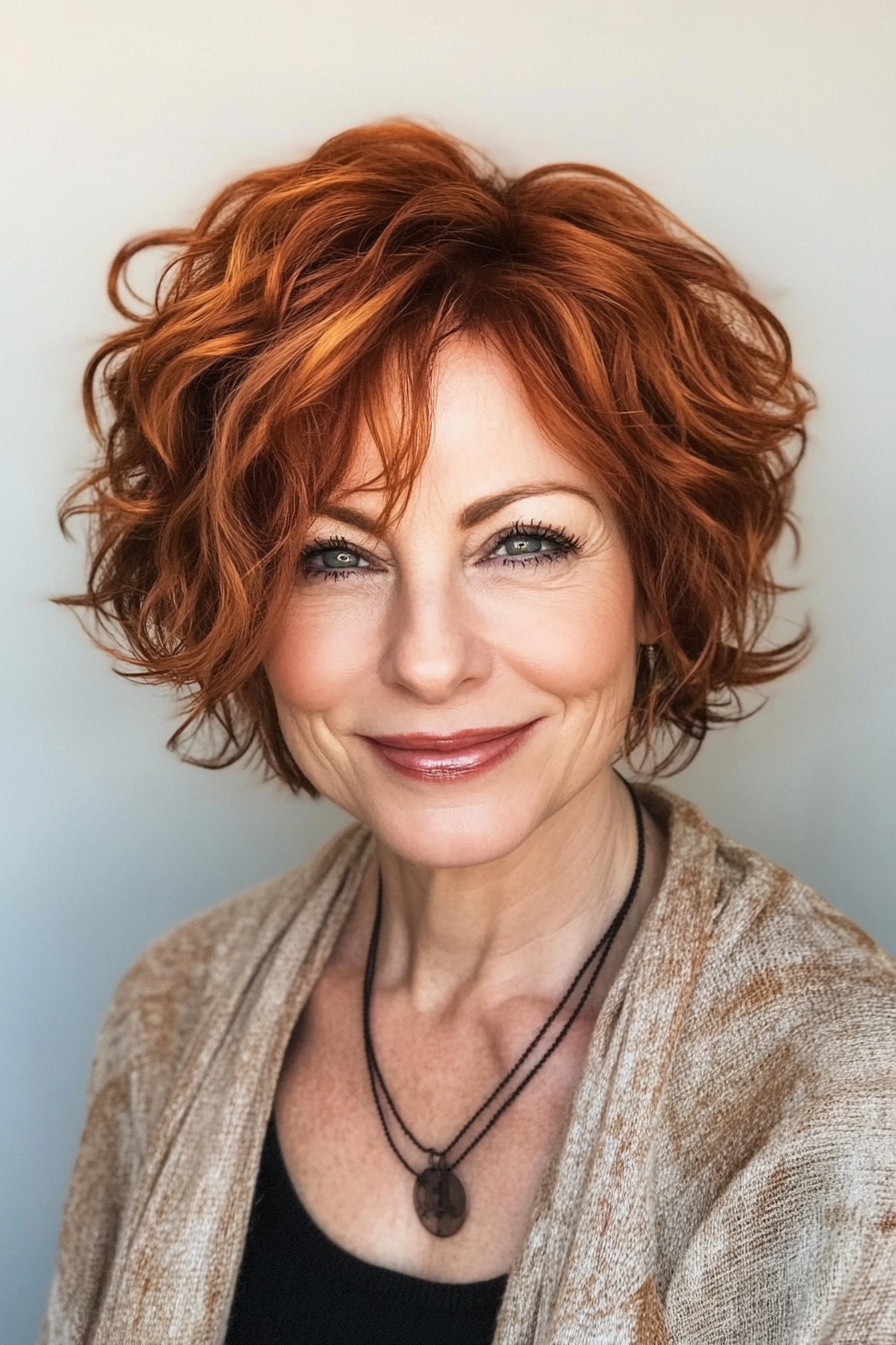 25. Short Curly Layers – Warm Auburn (Short Layered Haircuts For Women Over 50) - Short Layered Haircuts For Women Over 50