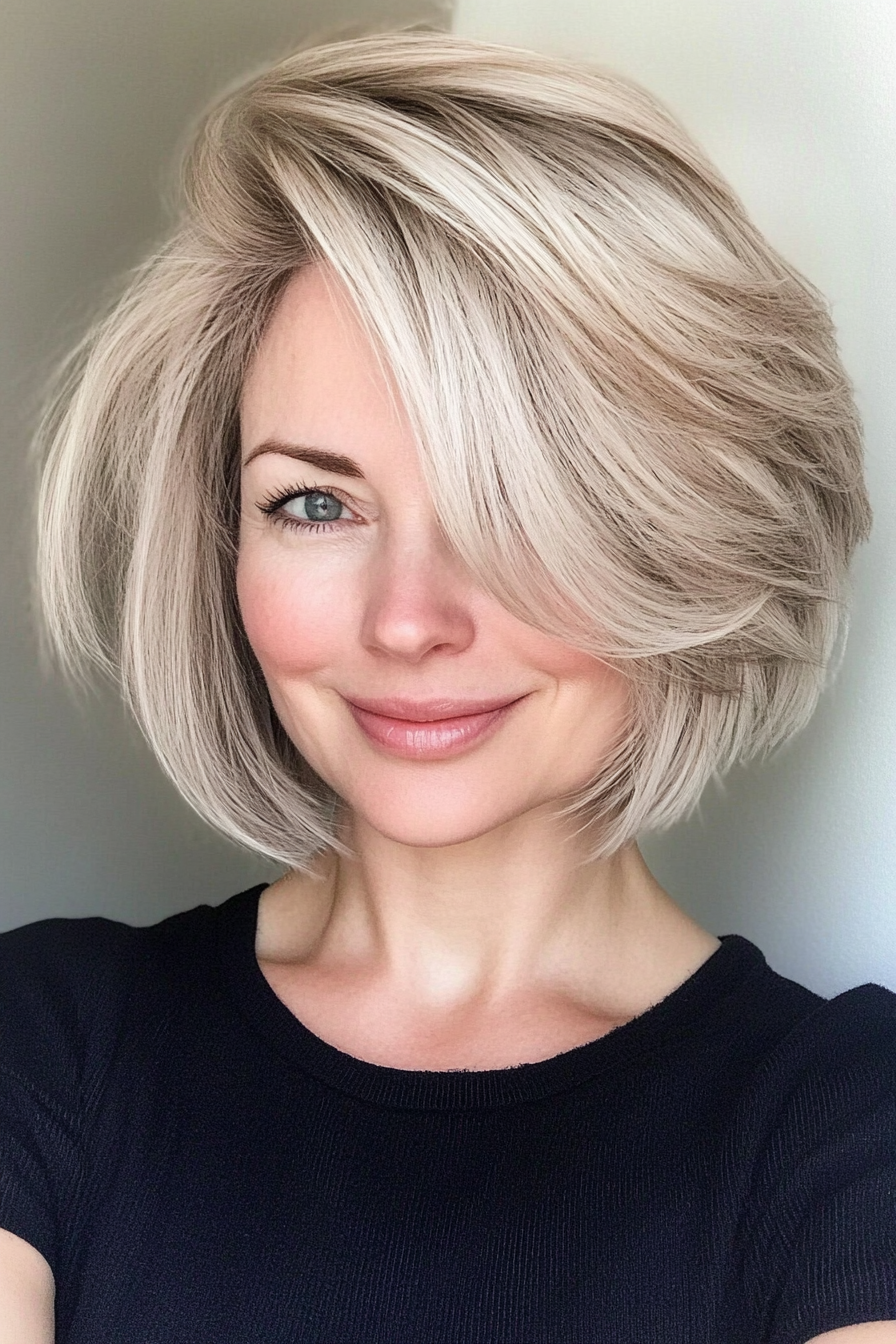 26. Side-Parted Feathered Bob – Light Ash Blonde (Short Layered Haircuts For Women Over 50) - Short Layered Haircuts For Women Over 50