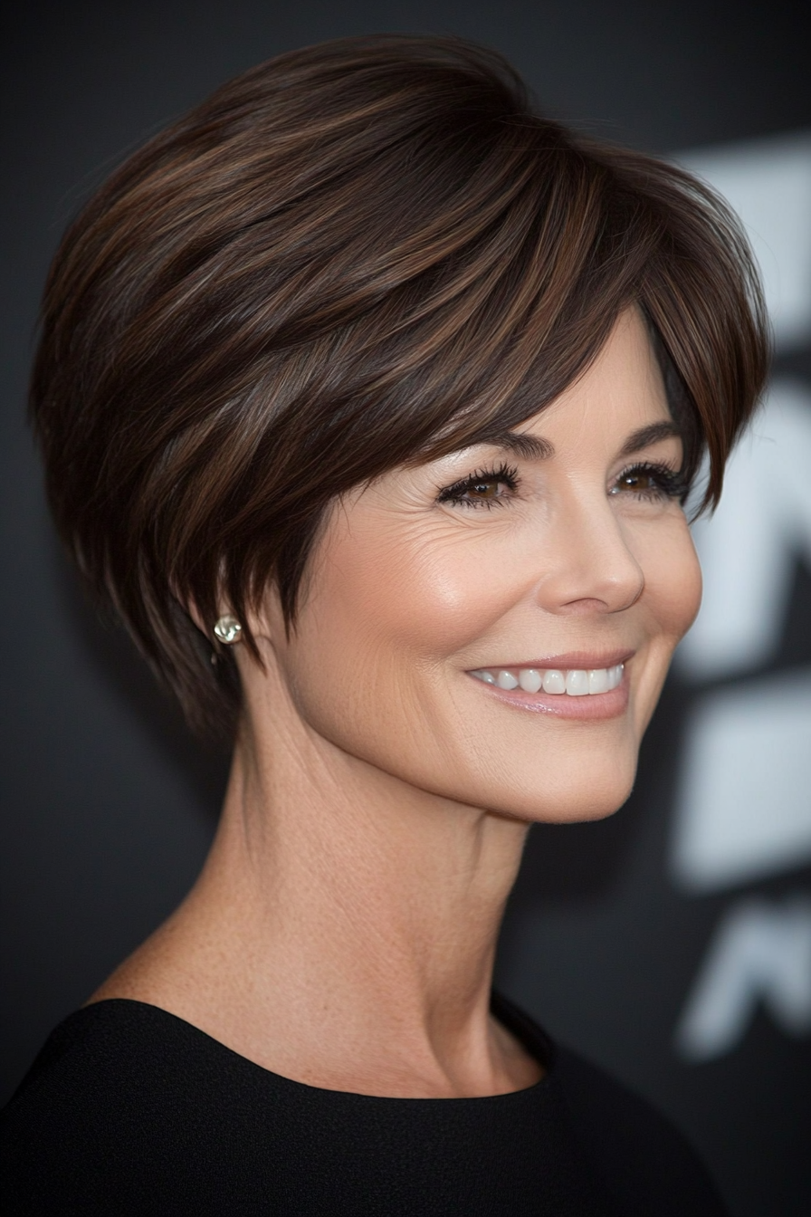 27. Angled Pixie Bob – Dark Chestnut Brown (Short Layered Haircuts For Women Over 50) - Short Layered Haircuts For Women Over 50