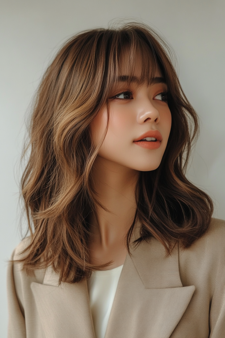 2. Caramel Balayage Waves with Curtain Bangs (Medium Length Hairstyles With Bangs) - Medium Length Hairstyles With Bangs