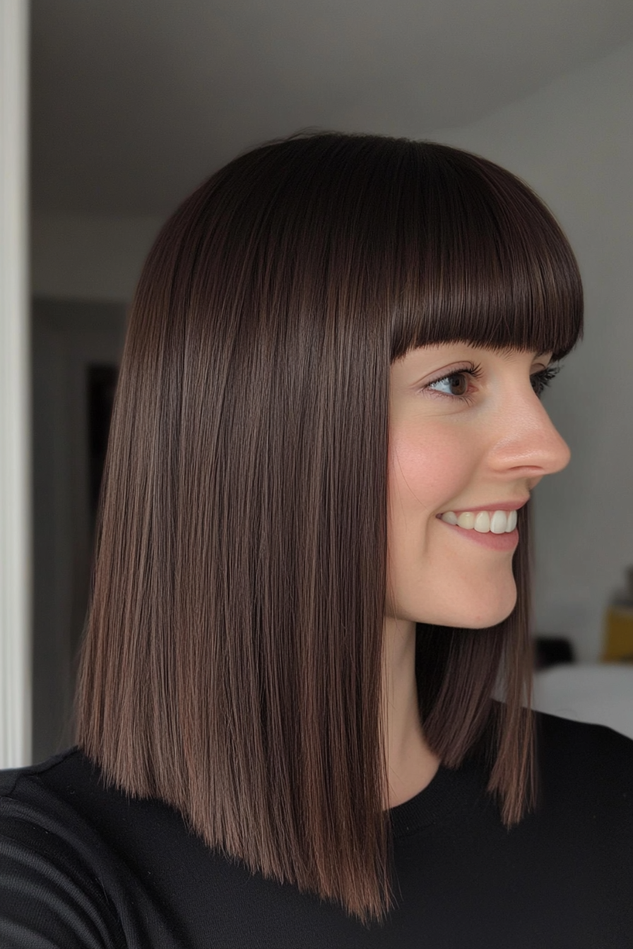 4. Espresso Brown Blunt Cut with Full Bangs (Medium Length Hairstyles With Bangs) - Medium Length Hairstyles With Bangs