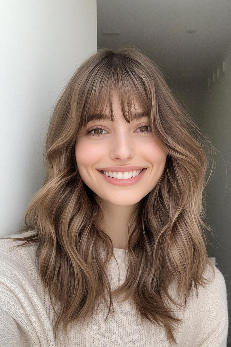 5. Ash Brown Soft Waves with Side-Swept Bangs (Medium Length Hairstyles With Bangs) - Medium Length Hairstyles With Bangs