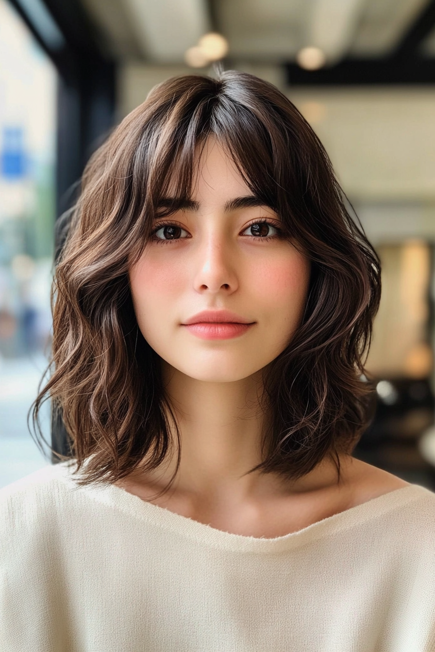 6. Cinnamon-Toned Wavy Bob with Baby Bangs (Medium Length Hairstyles With Bangs) - Medium Length Hairstyles With Bangs