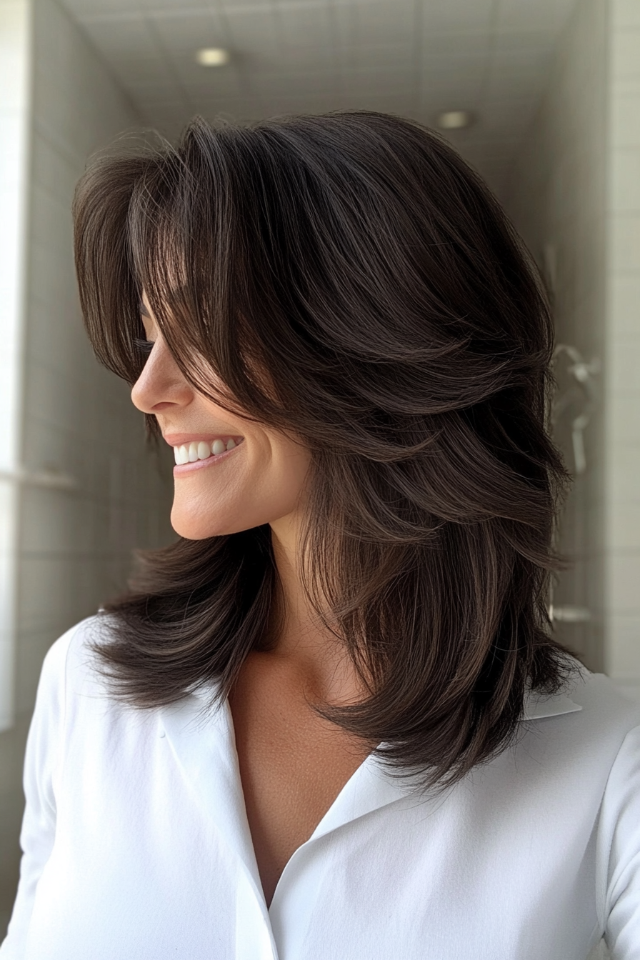 7. Dark Mocha Layered Lob with Bardot Bangs (Medium Length Hairstyles With Bangs) - Medium Length Hairstyles With Bangs
