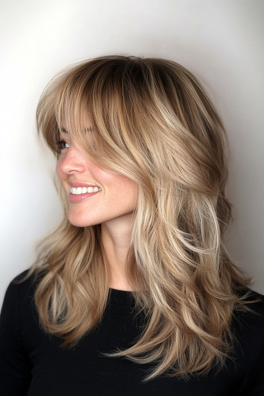 8. Honey Blonde Textured Cut with Soft Bangs (Medium Length Hairstyles With Bangs) - Medium Length Hairstyles With Bangs