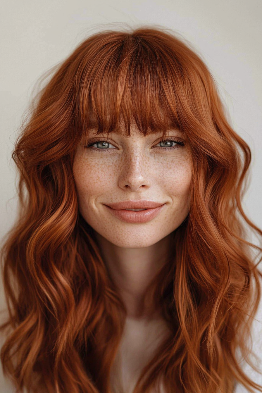 9. Rich Auburn Wavy Cut with Long Bangs (Medium Length Hairstyles With Bangs) - Medium Length Hairstyles With Bangs