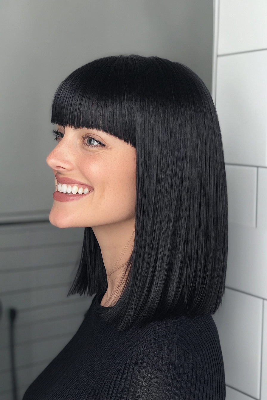10. Jet Black Sleek Midi Cut with Choppy Bangs (Medium Length Hairstyles With Bangs) - Medium Length Hairstyles With Bangs
