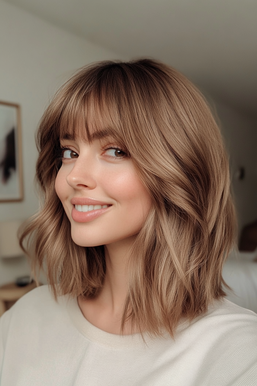 13. Sun-Kissed Light Brown Bob with Fringe Bangs (Medium Length Hairstyles With Bangs) - Medium Length Hairstyles With Bangs