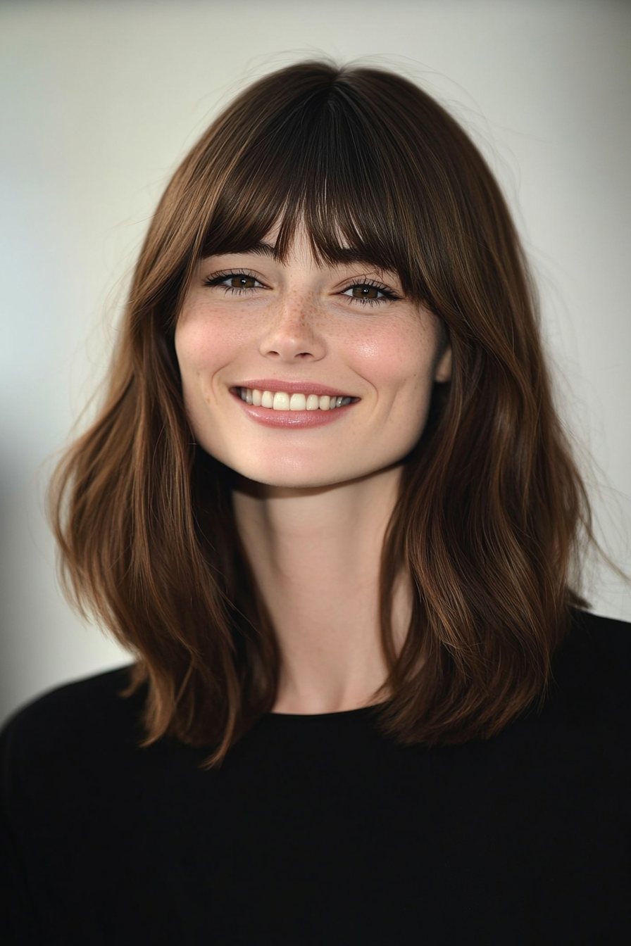 14. Dark Chestnut Blunt Midi with Soft Bangs (Medium Length Hairstyles With Bangs) - Medium Length Hairstyles With Bangs