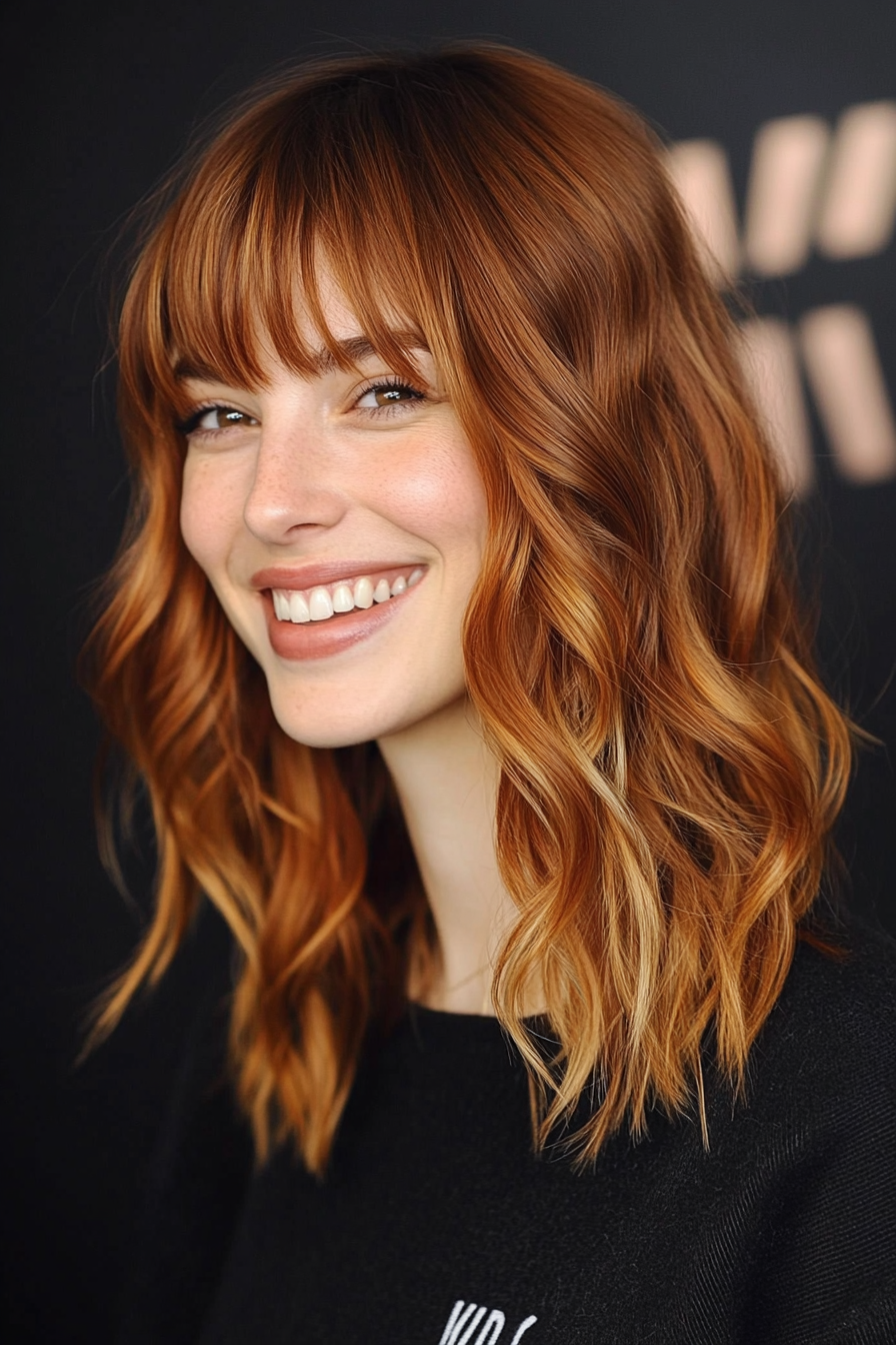 15. Wavy Copper Cut with Layered Curtain Bangs (Medium Length Hairstyles With Bangs) - Medium Length Hairstyles With Bangs