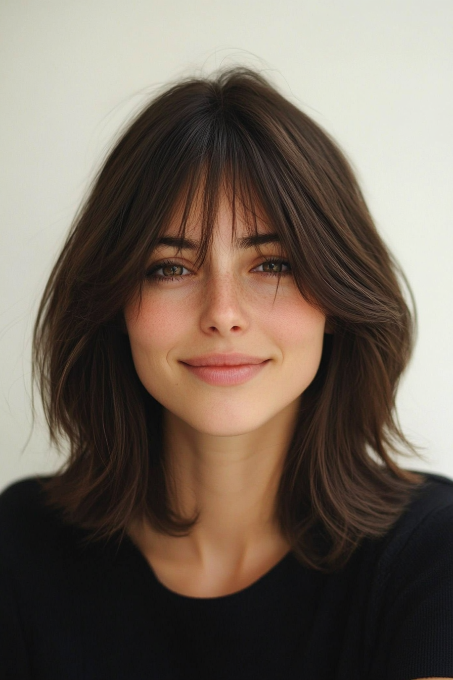16. Classic Brunette Bob with Layered Bangs (Medium Length Hairstyles With Bangs) - Medium Length Hairstyles With Bangs