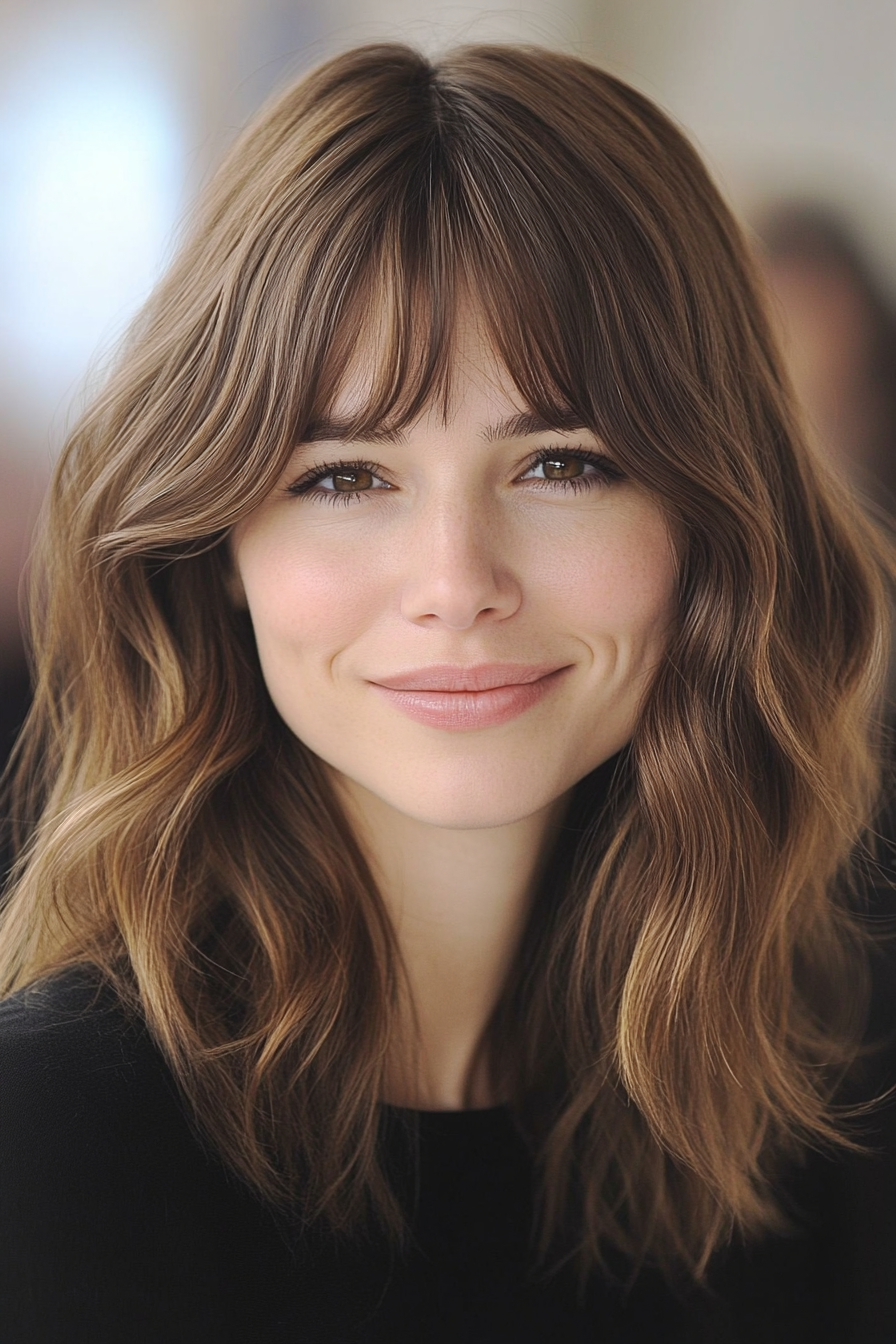 17. Soft Maple Brown Lob with Side-Swept Fringe (Medium Length Hairstyles With Bangs) - Medium Length Hairstyles With Bangs