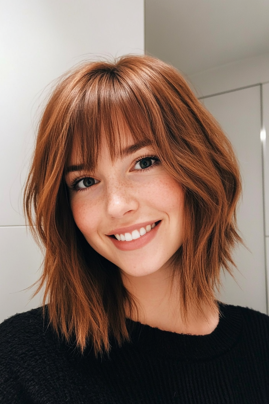 19. Chestnut Brown Choppy Cut with Blunt Bangs (Medium Length Hairstyles With Bangs) - Medium Length Hairstyles With Bangs