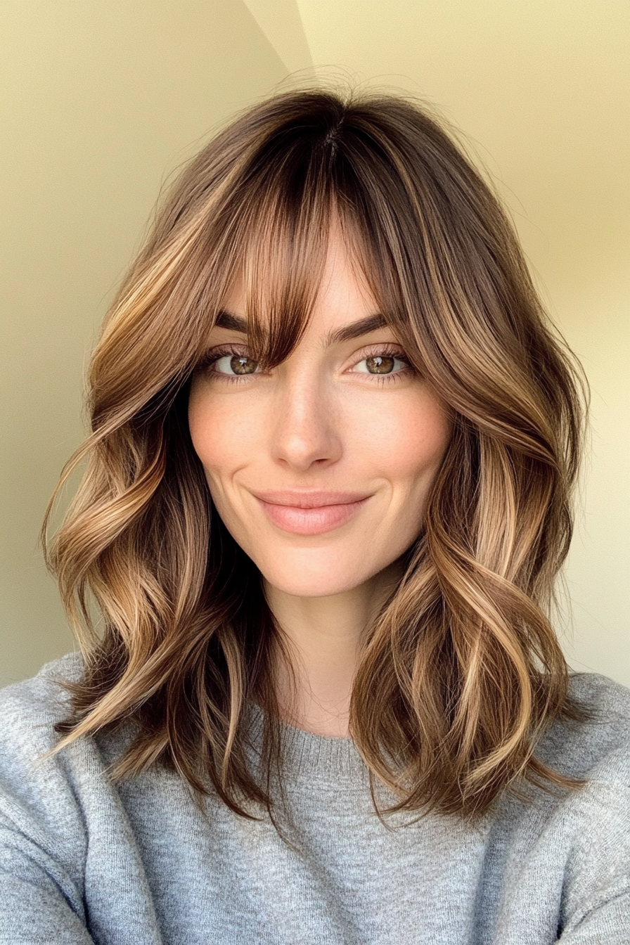 21. Caramel Swirl Lob with Face-Framing Bangs (Medium Length Hairstyles With Bangs) - Medium Length Hairstyles With Bangs