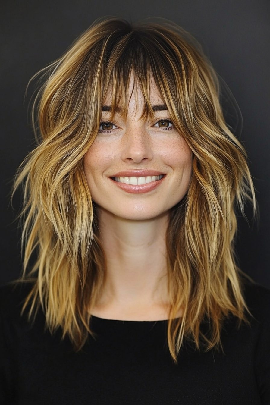 22. Golden Honey Mid-Length Shag with Soft Fringe (Medium Length Hairstyles With Bangs) - Medium Length Hairstyles With Bangs