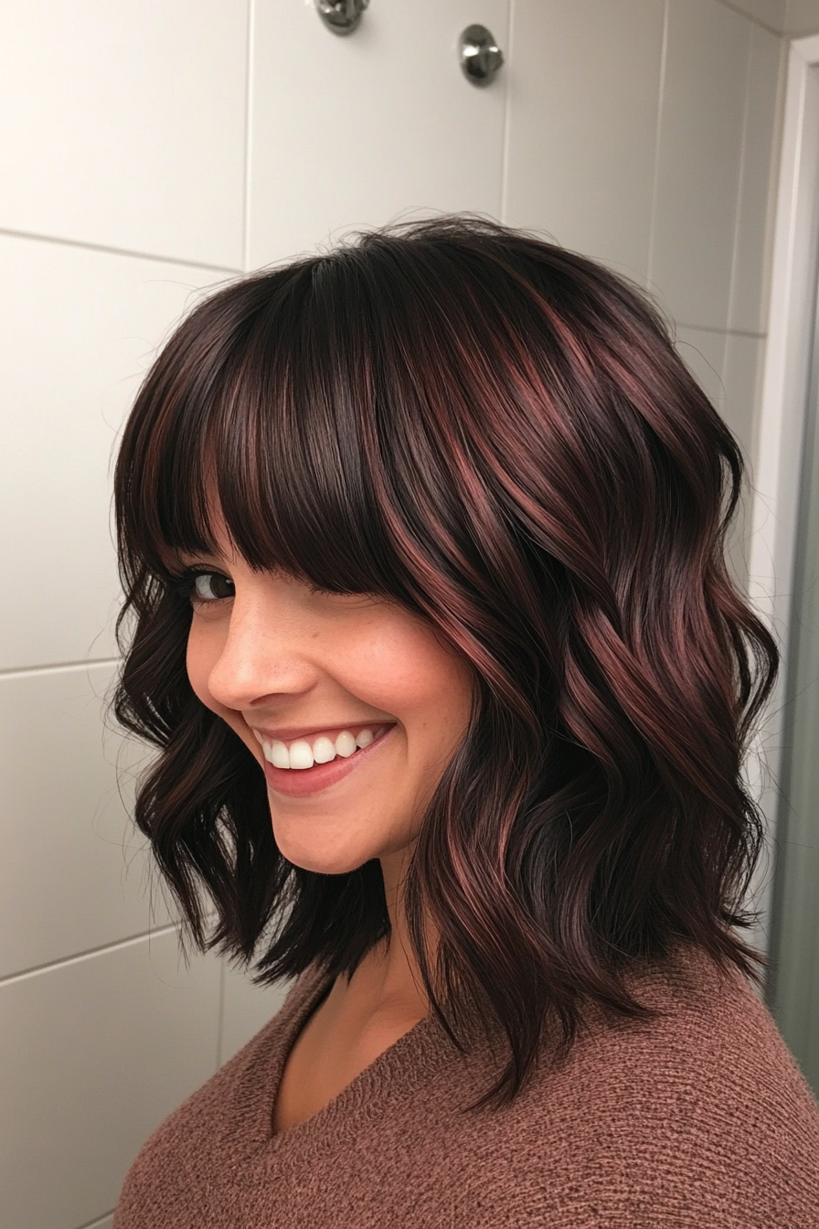 23. Mahogany Wavy Bob with Blended Bangs (Medium Length Hairstyles With Bangs) - Medium Length Hairstyles With Bangs