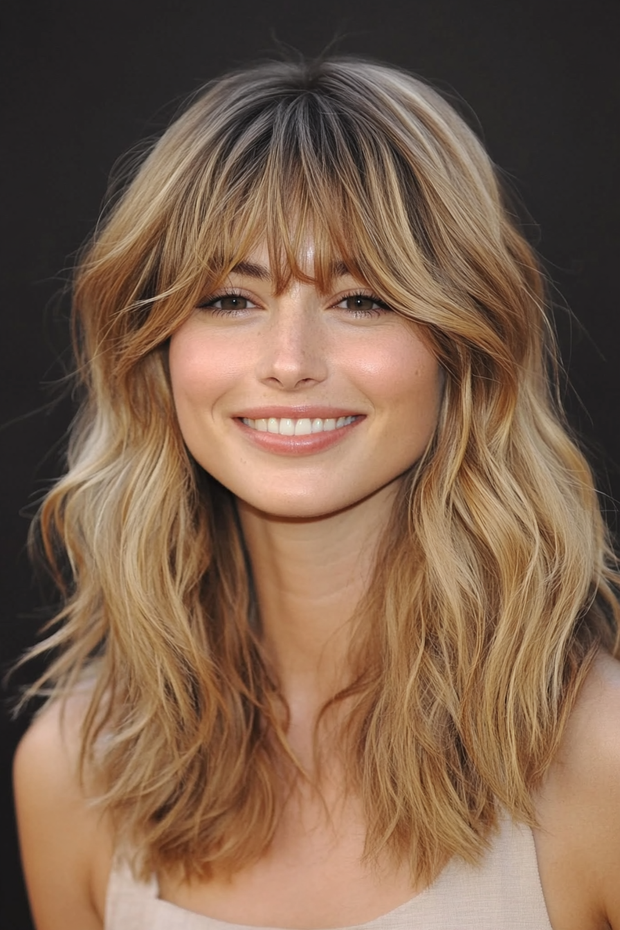 26. Sandy Blonde Beachy Waves with Textured Bangs (Medium Length Hairstyles With Bangs) - Medium Length Hairstyles With Bangs