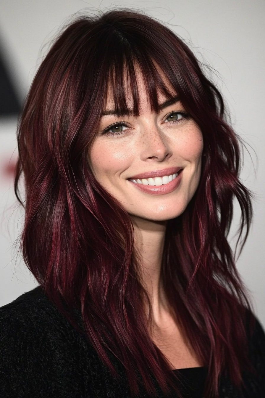 27. Deep Burgundy Voluminous Cut with Tapered Bangs (Medium Length Hairstyles With Bangs) - Medium Length Hairstyles With Bangs