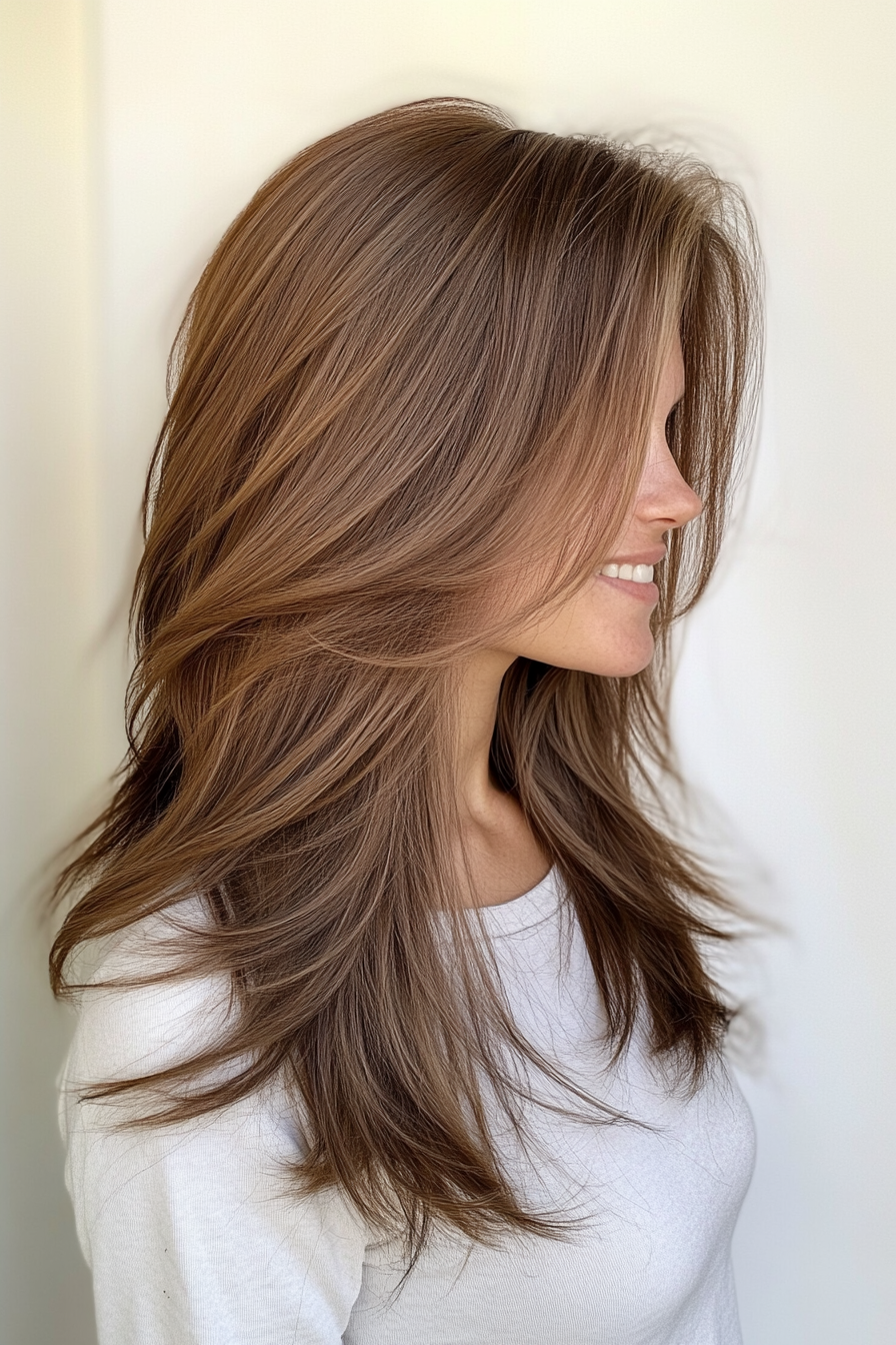 1. Feathered Chestnut Layers (Trendy Mid Length Haircuts With Layers) - Trendy Mid Length Haircuts With Layers