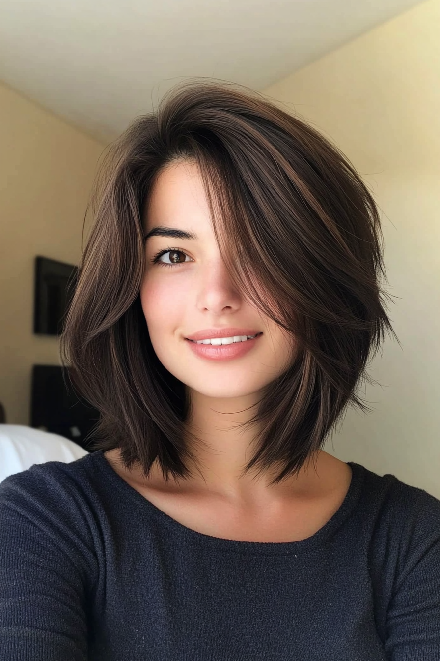 2. Softly Layered Espresso Bob (Trendy Mid Length Haircuts With Layers) - Trendy Mid Length Haircuts With Layers
