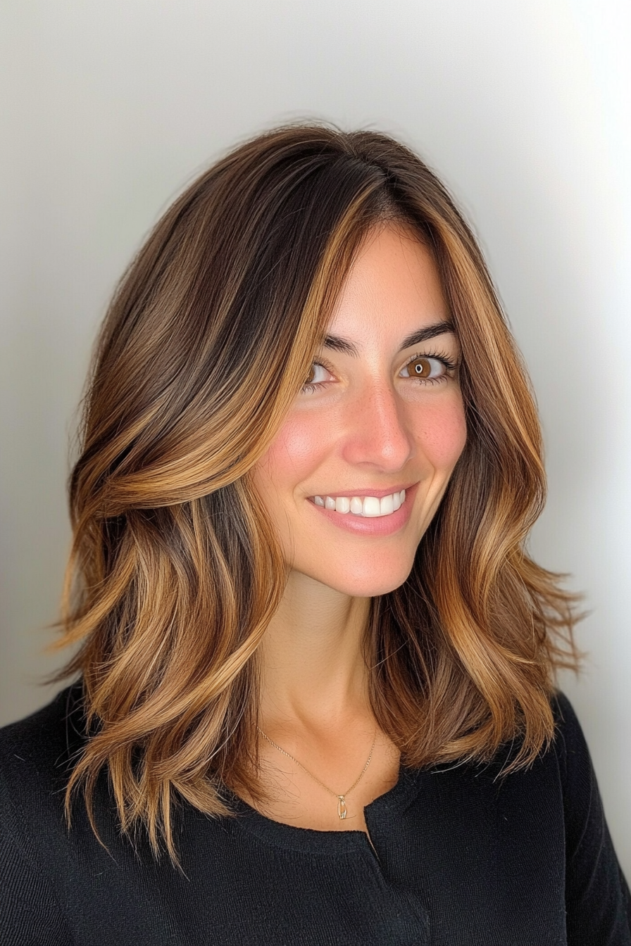 7. Golden Brunette Layered Lob (Trendy Mid Length Haircuts With Layers) - Trendy Mid Length Haircuts With Layers