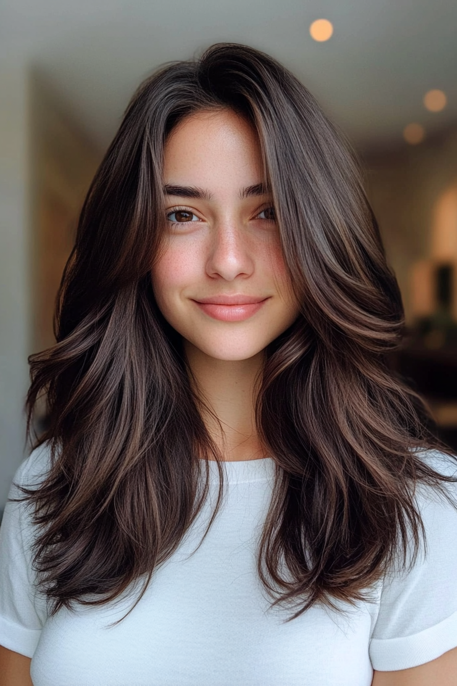 9. Sun-Kissed Dark Brown Layers (Trendy Mid Length Haircuts With Layers) - Trendy Mid Length Haircuts With Layers