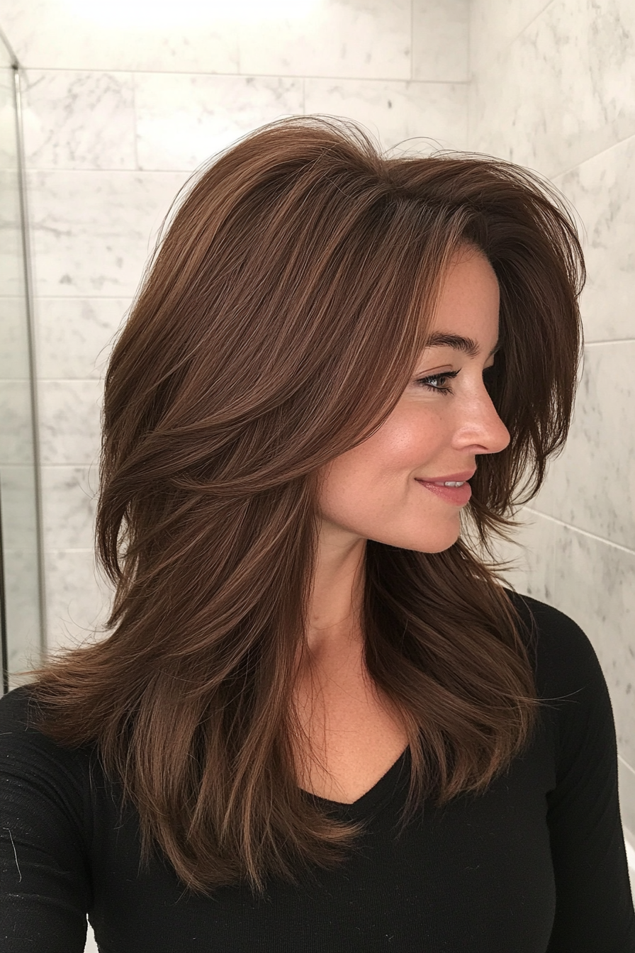 10. Layered Walnut Brown Midi Cut (Trendy Mid Length Haircuts With Layers) - Trendy Mid Length Haircuts With Layers