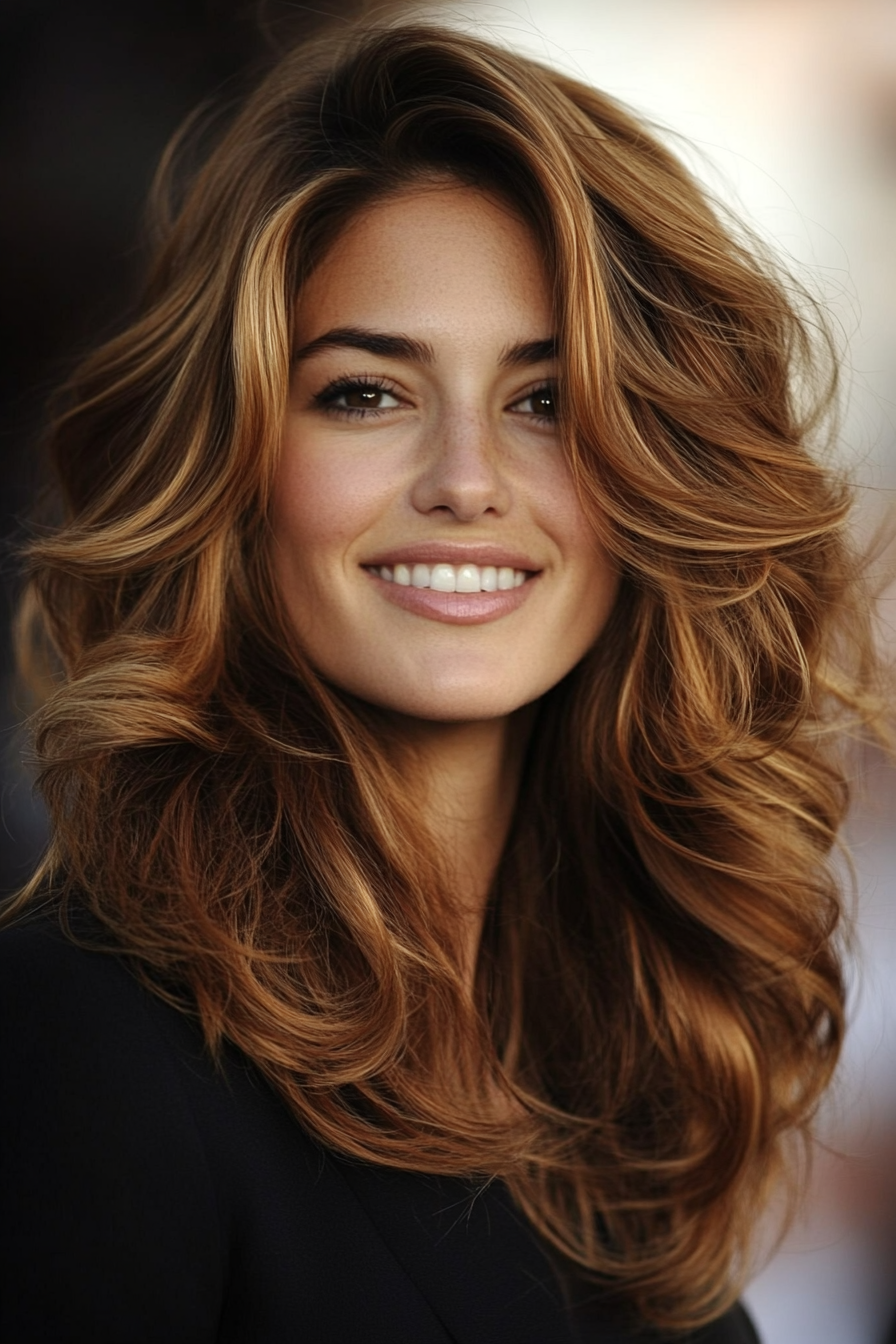 11. Amber-Tinted Wavy Layers (Trendy Mid Length Haircuts With Layers) - Trendy Mid Length Haircuts With Layers