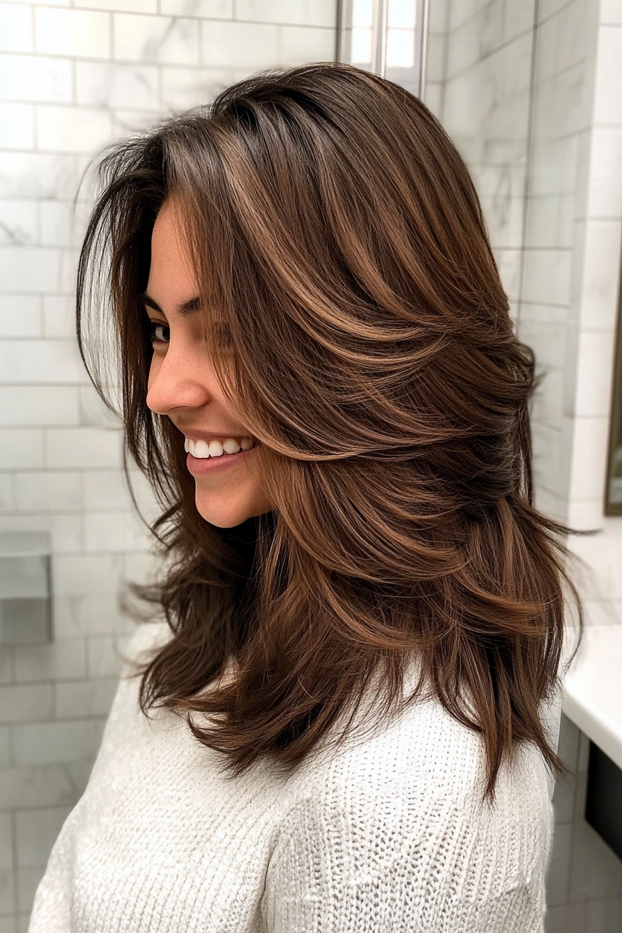 13. Toffee Brown Swoopy Layers (Trendy Mid Length Haircuts With Layers) - Trendy Mid Length Haircuts With Layers