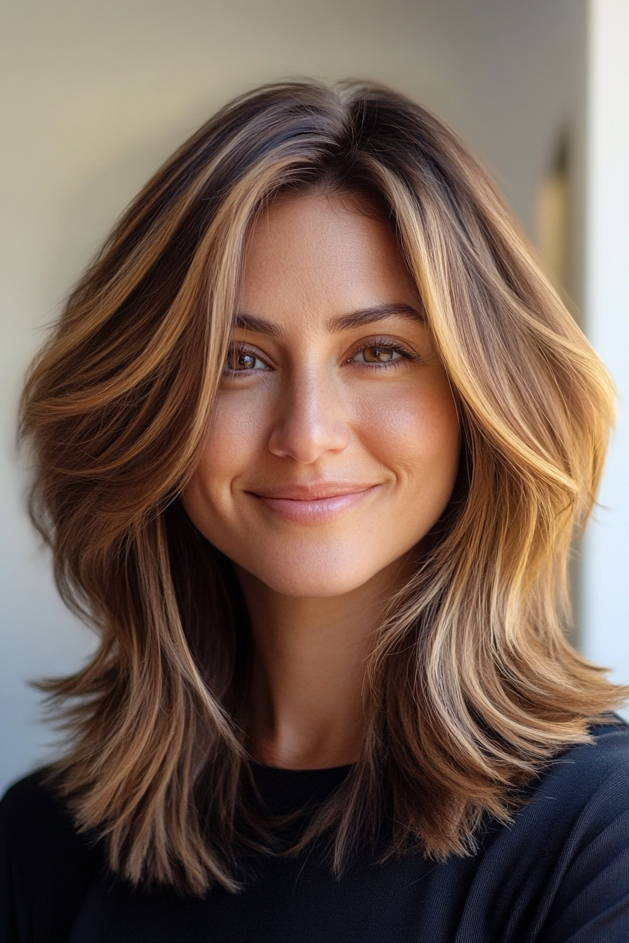 17. Golden Honey Layered Lob (Trendy Mid Length Haircuts With Layers) - Trendy Mid Length Haircuts With Layers