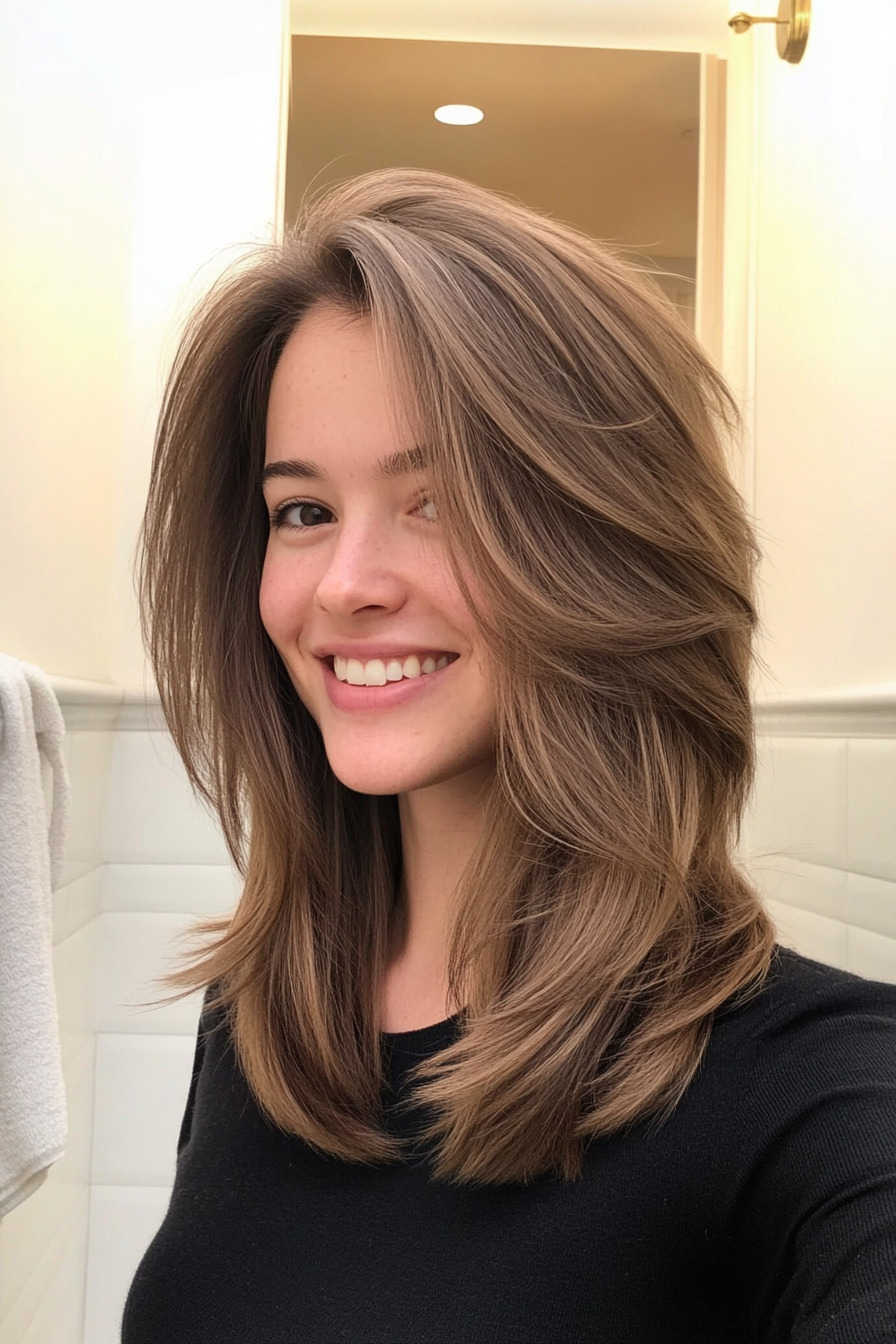 21. Subtle Tawny Layered Lob (Trendy Mid Length Haircuts With Layers) - Trendy Mid Length Haircuts With Layers