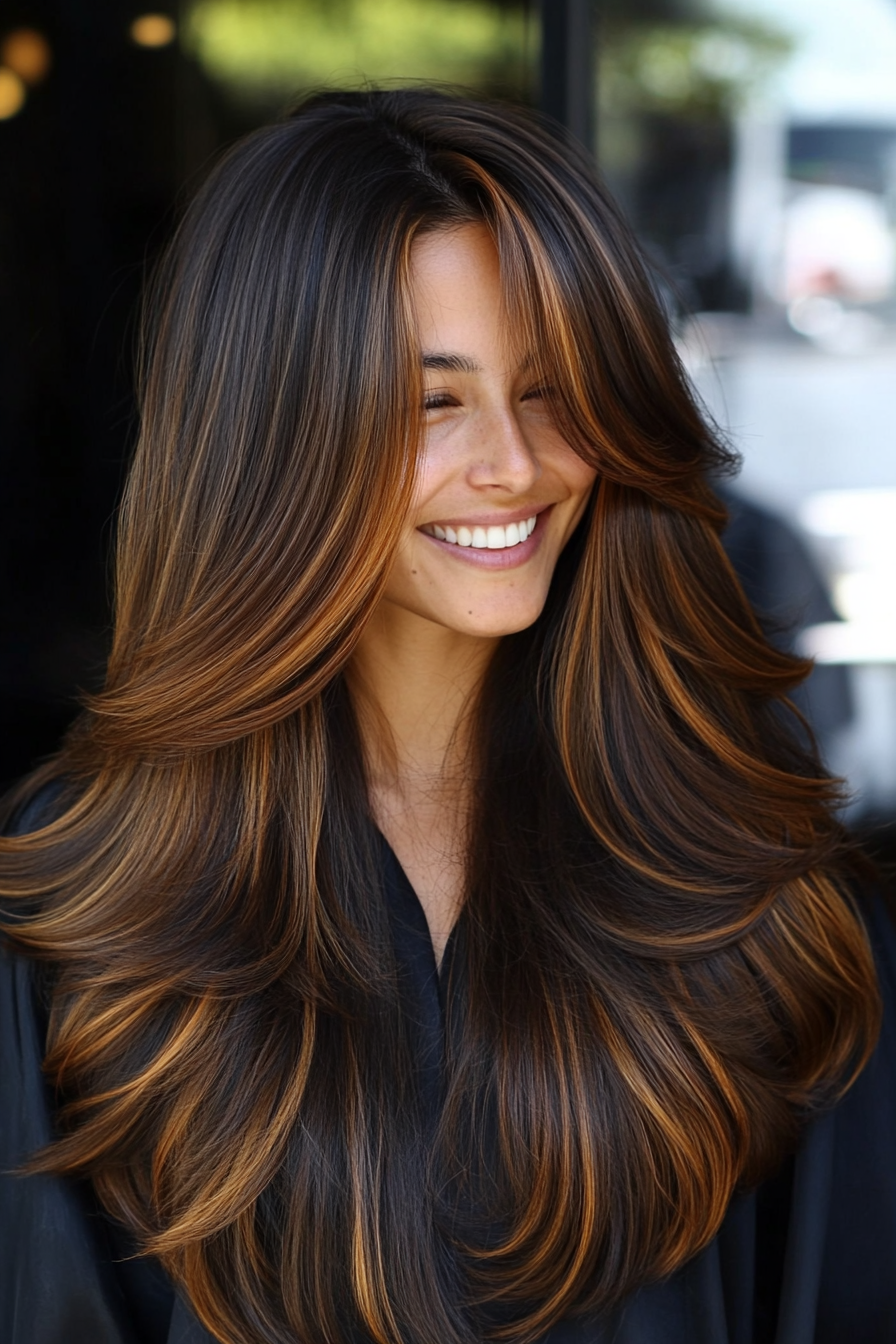 3. Long Layered Cut with Face-Framing Highlights in Dark Brown with Honey Accents (Layered Hairstyles For Thin Hair) - Layered Hairstyles For Thin Hair