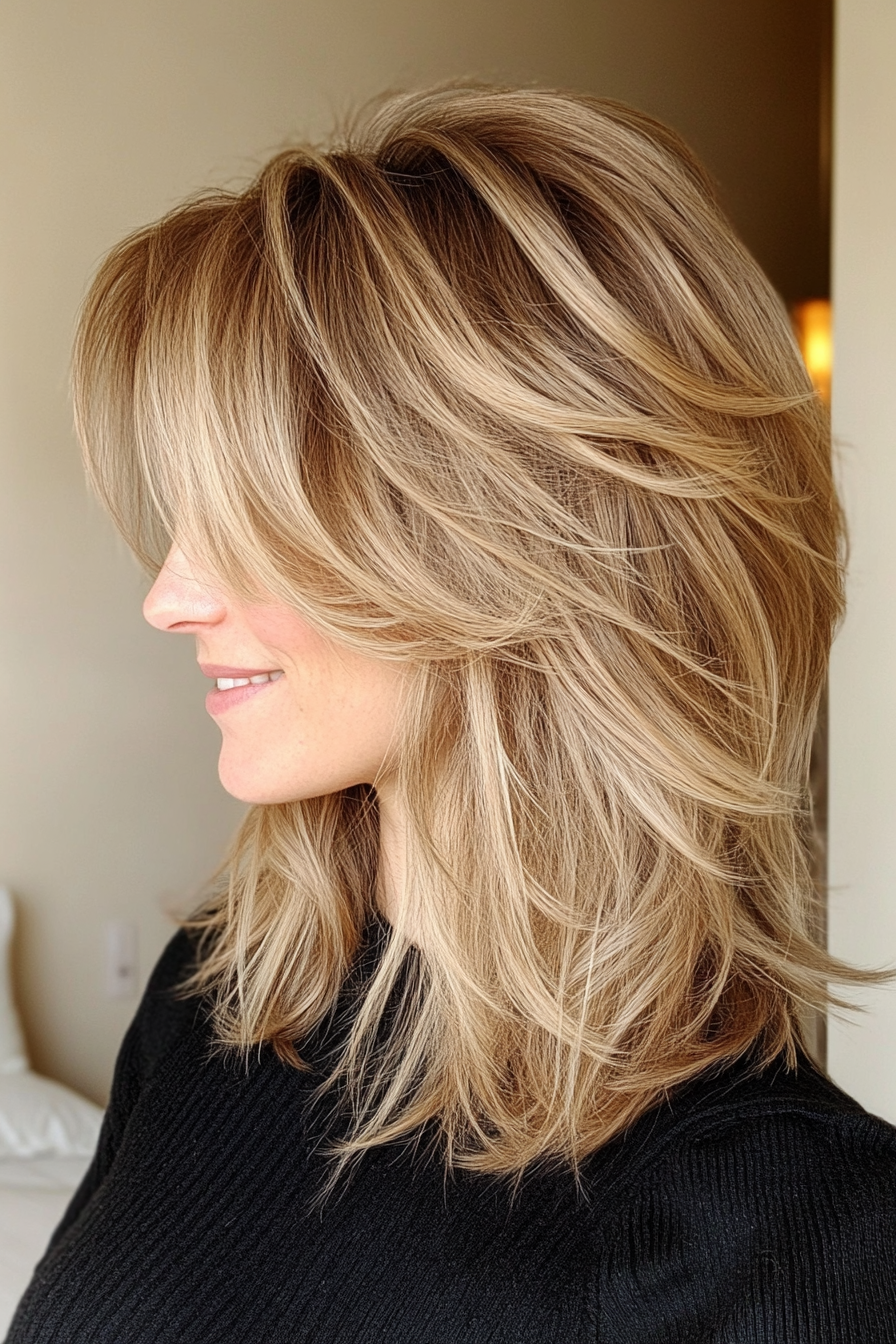 4. Shaggy Lob with Wispy Bangs in Sandy Blonde (Layered Hairstyles For Thin Hair) - Layered Hairstyles For Thin Hair