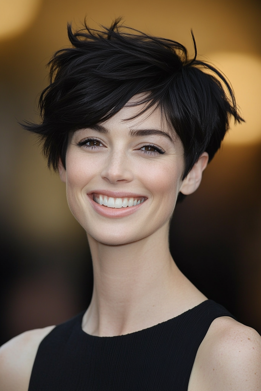 5. Pixie Cut with Layered Top in Soft Black (Layered Hairstyles For Thin Hair) - Layered Hairstyles For Thin Hair