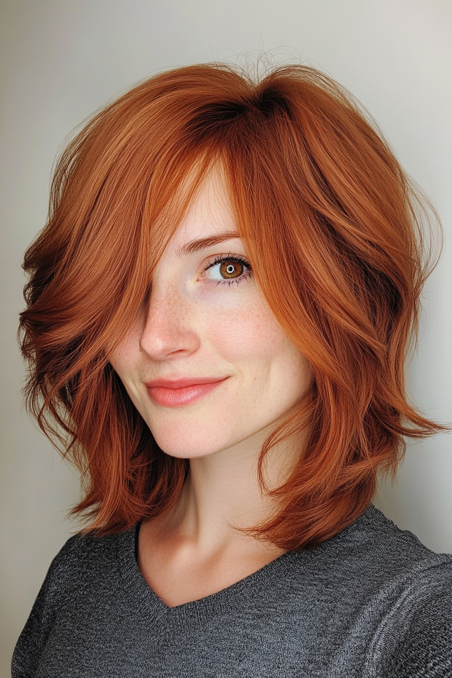 6. Layered Bob with Side-Swept Bangs in Rich Auburn (Layered Hairstyles For Thin Hair) - Layered Hairstyles For Thin Hair